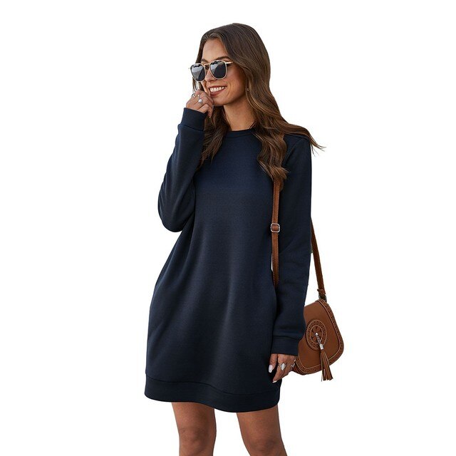 Women Winter Warm Sweatshirt Dress Round Neck Thicken Long Sleeve Party Mini Party Dress-women's wear