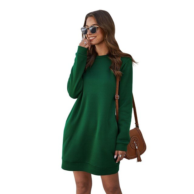 Women Winter Warm Sweatshirt Dress Round Neck Thicken Long Sleeve Party Mini Party Dress-women's wear