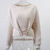 Conmoto Black Lace Up Knitted Pullover Sweater Women Elastic Long Sleeve Jumper Casual Autumn Winter Knitting Pullovers