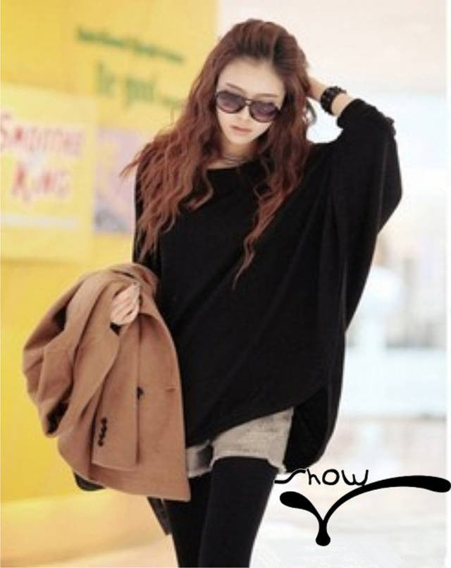 Casual Women Slouchy Knit Shirt Scoop Neck Batwing Sleeve Stretchy Loose Pullover-women's