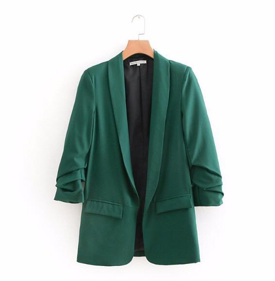 Chic Candy Solid Color Ruched Cuff Mid Long Blazer With Lining Woman Shawl Collar Casual Jacket -women's wear