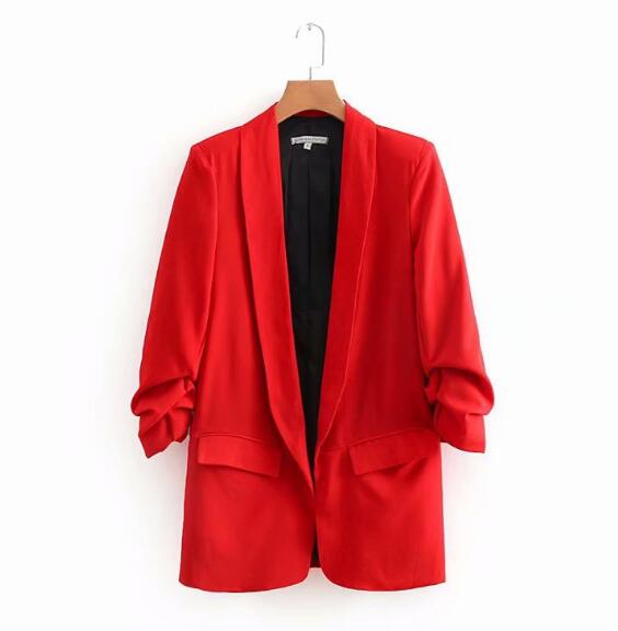Chic Candy Solid Color Ruched Cuff Mid Long Blazer With Lining Woman Shawl Collar Casual Jacket -women's wear